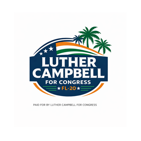 Logo for Luther Campbell for Congress with palm trees on a white background
